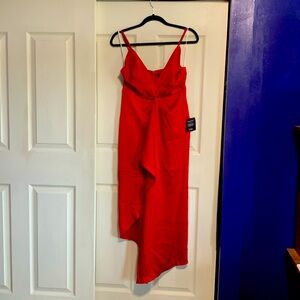 CAUGHT FEELINGS RED SATIN RUFFLE MIDI DRESS